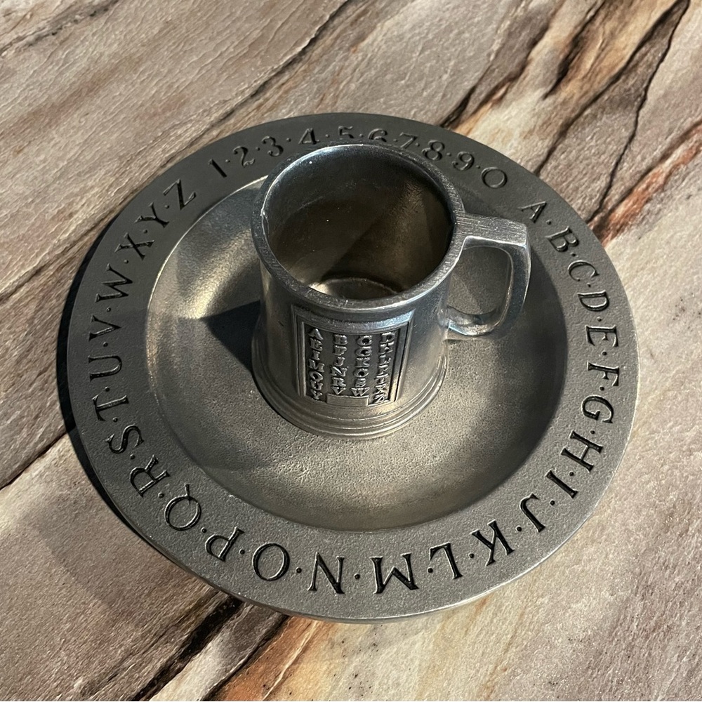 PEWTER Dish And Mug ABCs Numbers RWP Hand Crafted Made in USA